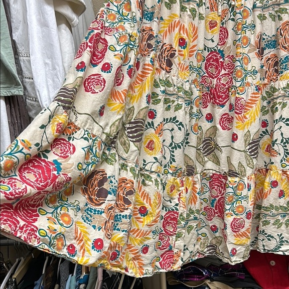 Apostrophe Skirt Women Medium Yellow Tan Tier Ruffle Floral Resort Tropic Cotton - Picture 5 of 11